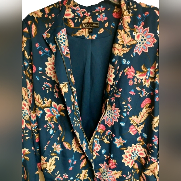 DG2 Navy Floral Bomber Jacket Zip Front Long Sleeve Size L - Picture 5 of 6